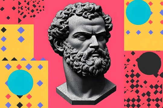Classical Sculpture Bust Modern Geometric Art Collage Abstract Background Pop Art Style - Powered by Adobe