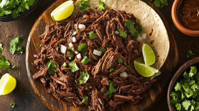 Traditional mexican barbacoa beef platter with tortillas