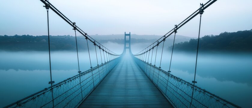 A suspension bridge illuminated by diffused blue light over mist-covered waters, creating an ethereal and tranquil mood.