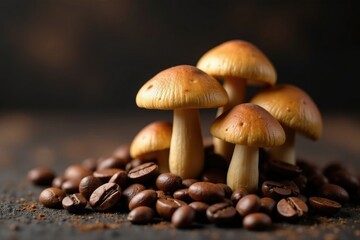 Rich earthy tones of mushrooms on dark background, natural, coffee beans