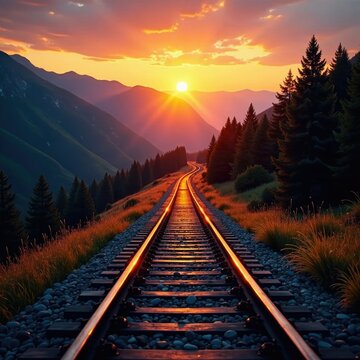 Rail trail disappearing into the mountains at dawn, sun rise, railroad tracks winding up hill
