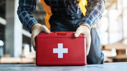 Construction site worker safety and first aid kit. A worker placing a red first aid kit on a table, emphasizing safety and preparedness in a construction environment.