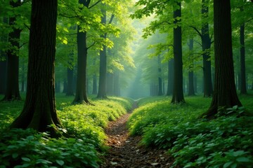 Obraz premium Dense foliage of green trees in a forest clearing, vegetation, wild