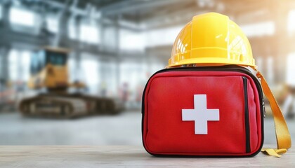 Construction site worker safety and first aid kit. First aid kit and yellow hard hat on a worksite table, highlighting safety and preparedness in construction environments.