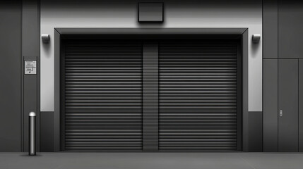 Obraz premium Gate with black rolling shutter in gray wall. Vector realistic illustration of hallway in garage or warehouse with closed and open roller up blinds. Building facade with automatic doors