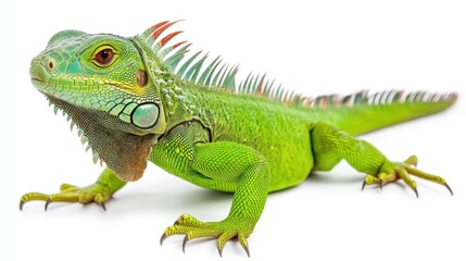 Fototapeta premium Vibrant green iguana against white background