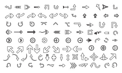 Arrows set of 100 black icons. Arrow icon. Arrow vector collection. Arrow. Cursor. Modern simple arrows. Vector illustration. outline vector 