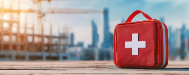 Construction site worker safety and first aid kit. A red first aid kit stands prominently in a cityscape, symbolizing health and safety in an urban environment.