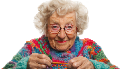 an elderly woman knits while smiling.
