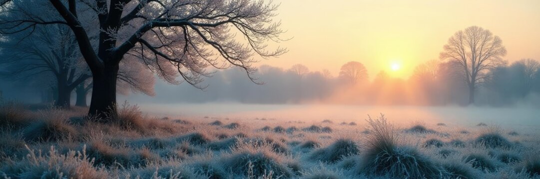 A frosty morning with dew-kissed grass and trees, winter, misty