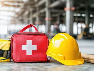 Construction site worker safety and first aid kit. First aid kit and hard hat on a construction site, emphasizing safety and preparedness in the workplace.