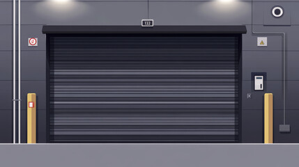 Obraz premium Gate with black rolling shutter in gray wall. Vector realistic illustration of hallway in garage or warehouse with closed and open roller up blinds. Building facade with automatic doors