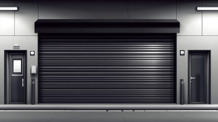 Obraz premium Gate with black rolling shutter in gray wall. Vector realistic illustration of hallway in garage or warehouse with closed and open roller up blinds. Building facade with automatic doors