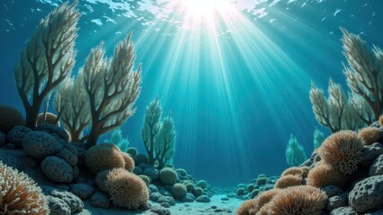 Fototapeta premium Underwater view of bleached coral reef with sun rays shining through clear ocean water 