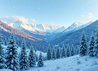 winter wonderland with snow-covered mountains and evergreen trees, snowy mountains, snowflakes gently falling