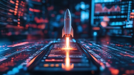 A rocket launching from a smartphone, symbolizing the growth and expansion of social media, digital marketing, and online business