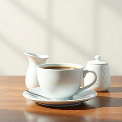 White ceramic coffee cup on a table with a small white milk jug and sugar container nearby , ceramic, utensils