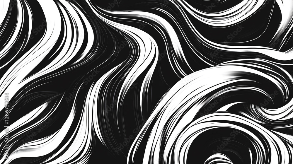 Poster abstract black and white swirls creating a dynamic visual texture in contemporary design