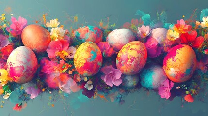 Vibrant Easter Eggs and Delicate Spring Flowers: A Festive Generative Art Design Perfect for Spring Celebrations, Cards, and Easter-themed Projects.  