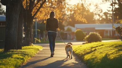 A young woman walking her dog down a tree-lined sidewalk