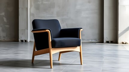 A modern armchair, black fabric upholstery, light wood frame, in a minimalist industrial setting, space for copy