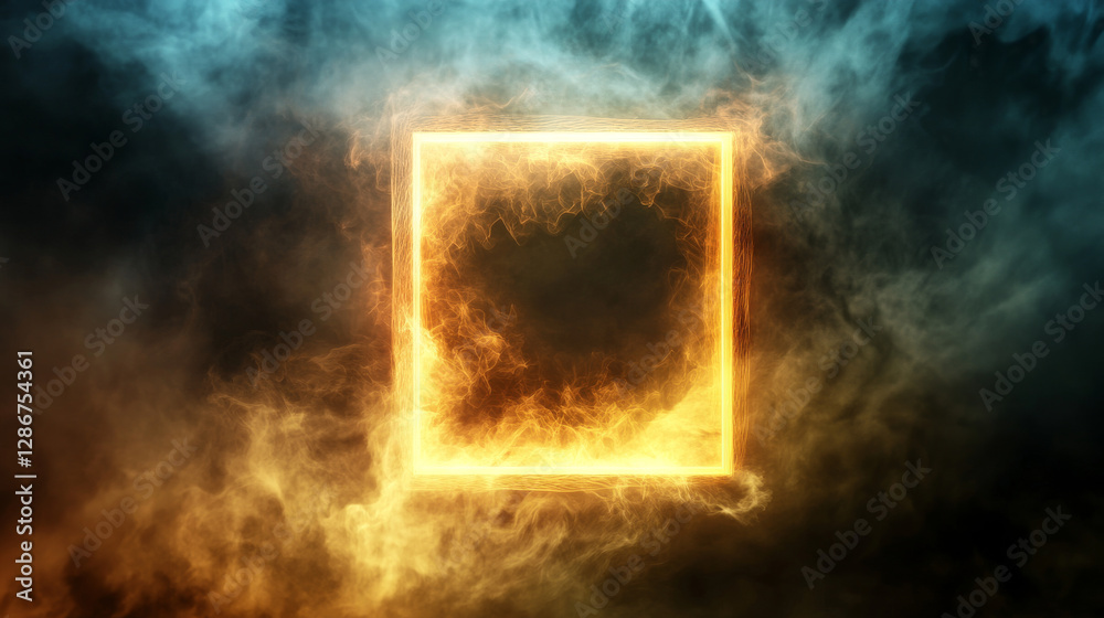 Poster neon light rectangle frame with smoke cloud. realistic 3d with rectangular triple portal or text bor
