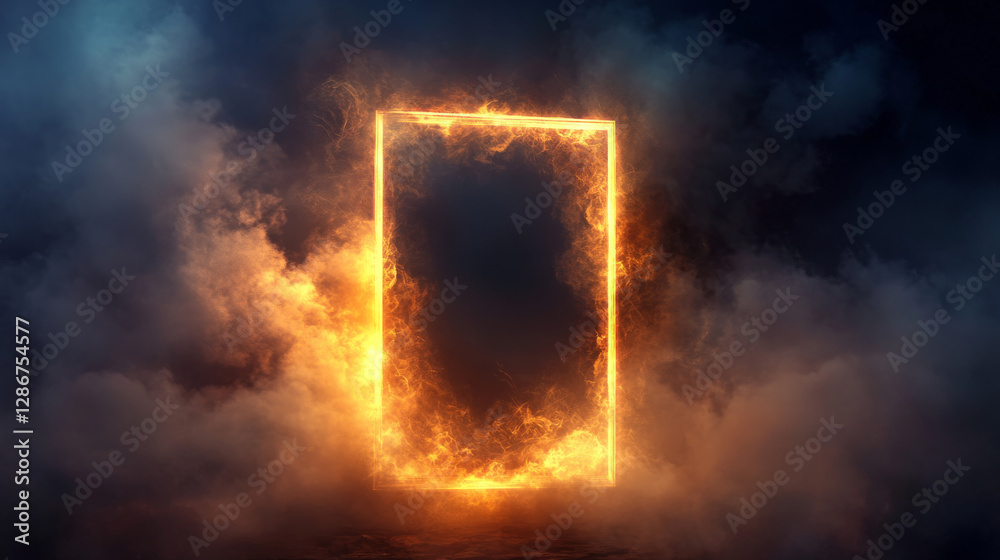 Poster neon light rectangle frame with smoke cloud. realistic 3d with rectangular triple portal or text bor