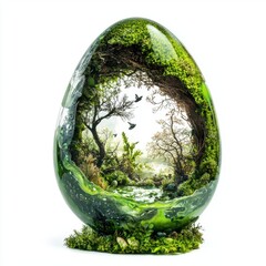 Happy Easter enchanted forest egg with mossy green liquid splashes and fairy tale details isolated on white background
