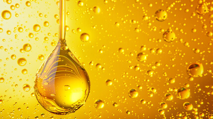 A macro shot of thick golden oil with floating air bubbles