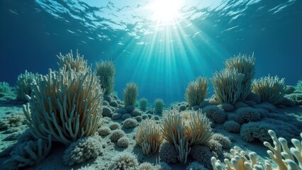 Underwater view of bleached coral reef with sun rays shining through clear ocean water	