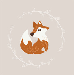 Sitting fox, simple illustration for children. Wild animal. Forest animal. 
