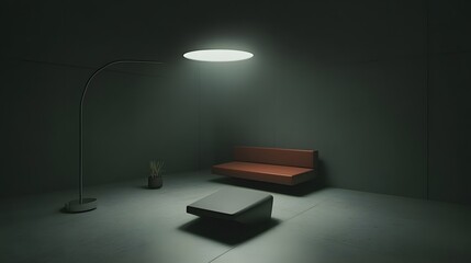 Modern Minimalist Interior With Sofa And Floor Lamp In A Dark Room With Soft Ambient Lighting
