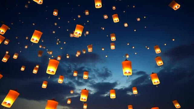 A mesmerizing video captures floating lanterns against a twilight sky, shot from a low angle, creating a dreamy, serene atmosphere.