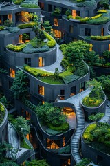 Unique residential complex showcases innovative architecture with terraces covered in vibrant plants. Soft evening light enhances the beauty of nature blending with modern living spaces