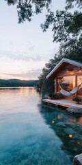 Fototapeta premium Tranquil evening by the lakeside cabin with hammock and stunning sunset view over calm waters. Generative AI
