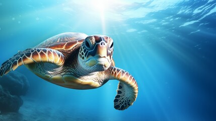 Obraz premium A sea turtle gliding past coral formations, left empty space, soft lavender background,generative ai illustration