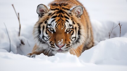 A Siberian tiger crouching in the snow, left empty space, pale winter white background,generative ai illustration