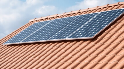 Solar panels on terracotta roof, sunny day, clean energy
