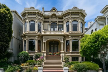 Obraz premium A Grand Victorian Mansion with Intricate Balconies, Lavish Architecture, Ornate Detailing, and Majestic Presence Surrounded by Lush Gardens and Timeless Elegance