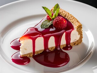 A slice of creamy New York cheesecake with a graham cracker crust, topped with a glossy raspberry sauce and fresh mint leaves.