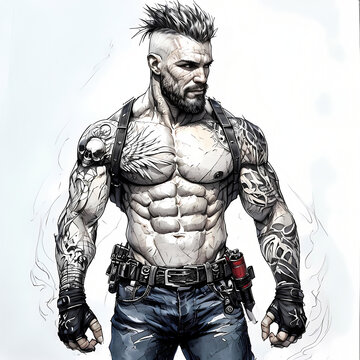 muscoloso e tatuato guerriero di strada, armato e pronto alla lotta, Muscular and tattooed street warrior, armed and ready for a fight