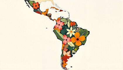 Colorful floral map of Latin America, vibrant cultural representation, latina