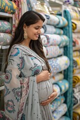 Fototapeta premium A woman in a light grey outfit gently touches her baby bump while exploring vibrant textiles in a shop. The store is filled with various patterned fabrics showcasing rich colors