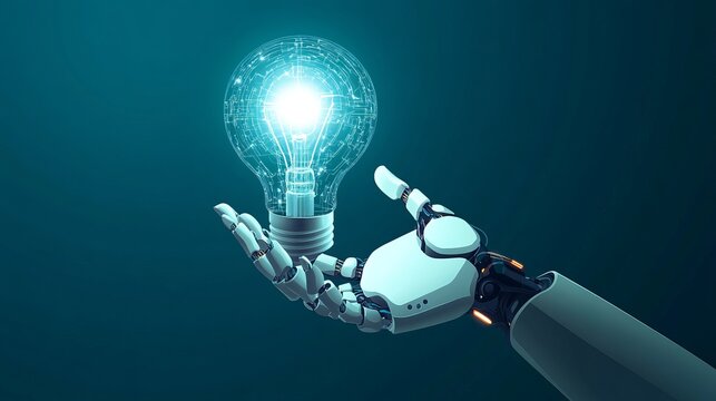 An AI robotic hand holding a glowing globeshaped light bulb symbolizing artificial intelligence as an innovative assistant in technology