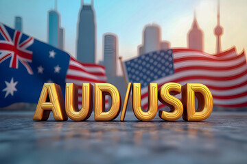 Gold volumetric letters AUD/USD against the background of a cityscape with high-rise buildings and the flags of the USA and Australia. Currency market. Finance.