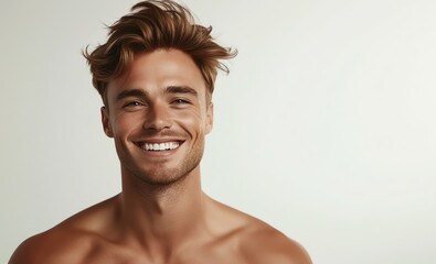 A portrait of a handsome man with blonde short cropped hair, with flawless skin, smiling, modelling, natural beauty, skin care model concept, copy space for text, off white background 