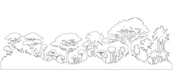 Tree forest black outline Isolated on White Background, vector Illustration