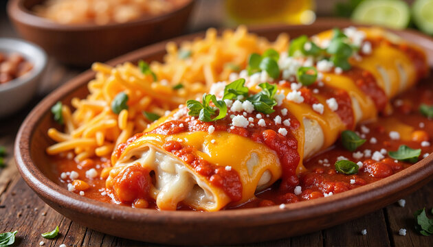 Delicious burrito topped with red enchilada sauce, comforting meal