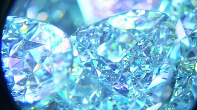 A detailed macro shot of dazzling blue diamonds reflecting light, showcasing their brilliance, clarity, and intricate facets in high definition.  
