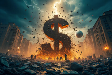Giant dollar symbol rises from a ruined city surrounded by fire and chaos. The apocalyptic scene symbolizes financial crises, economic catastrophes and global upheavals